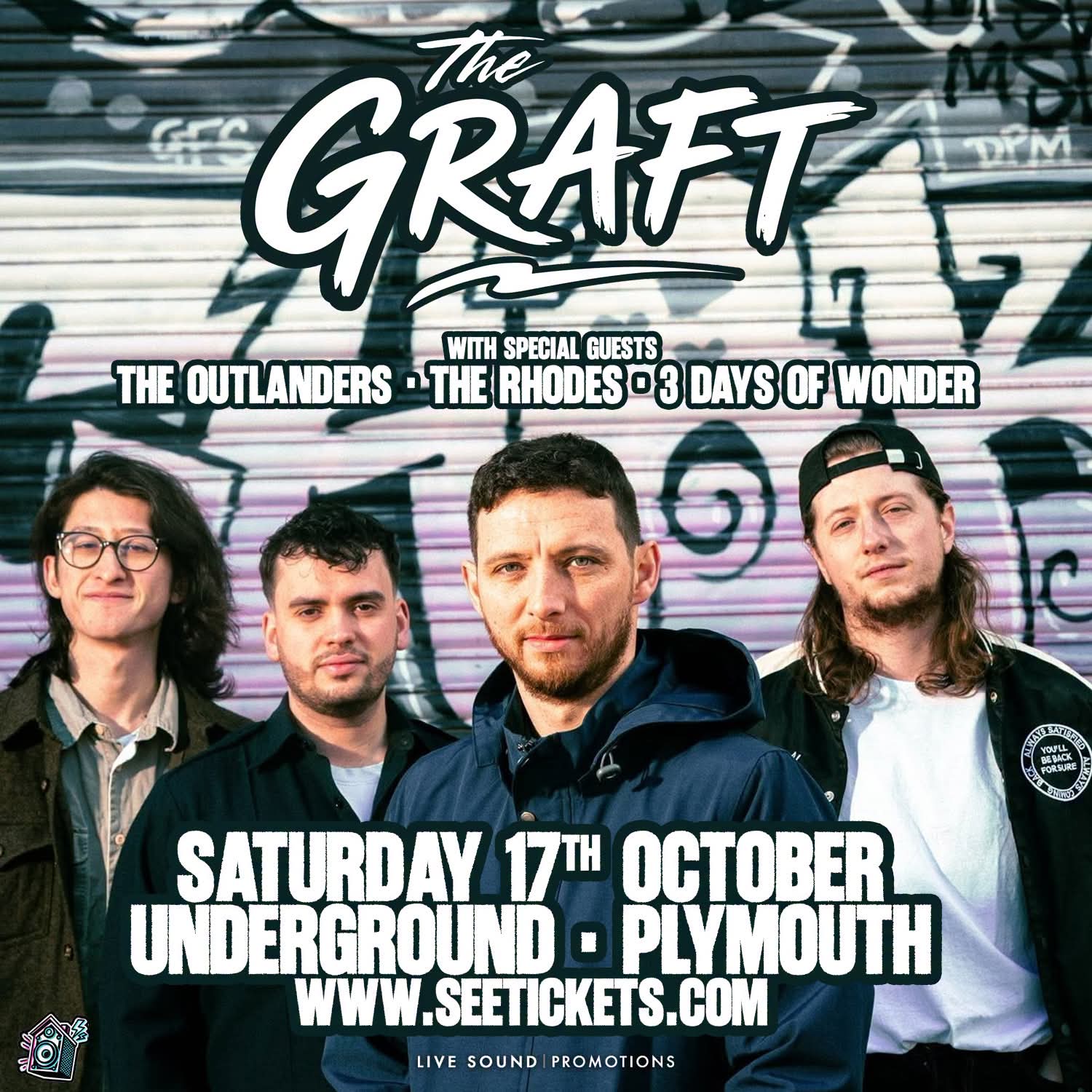 Gig poster for The Graft playing at Underground Plymouth on Saturday 17th October with special guests The Outlanders, The Rhodes, and 3 Days of Wonder.